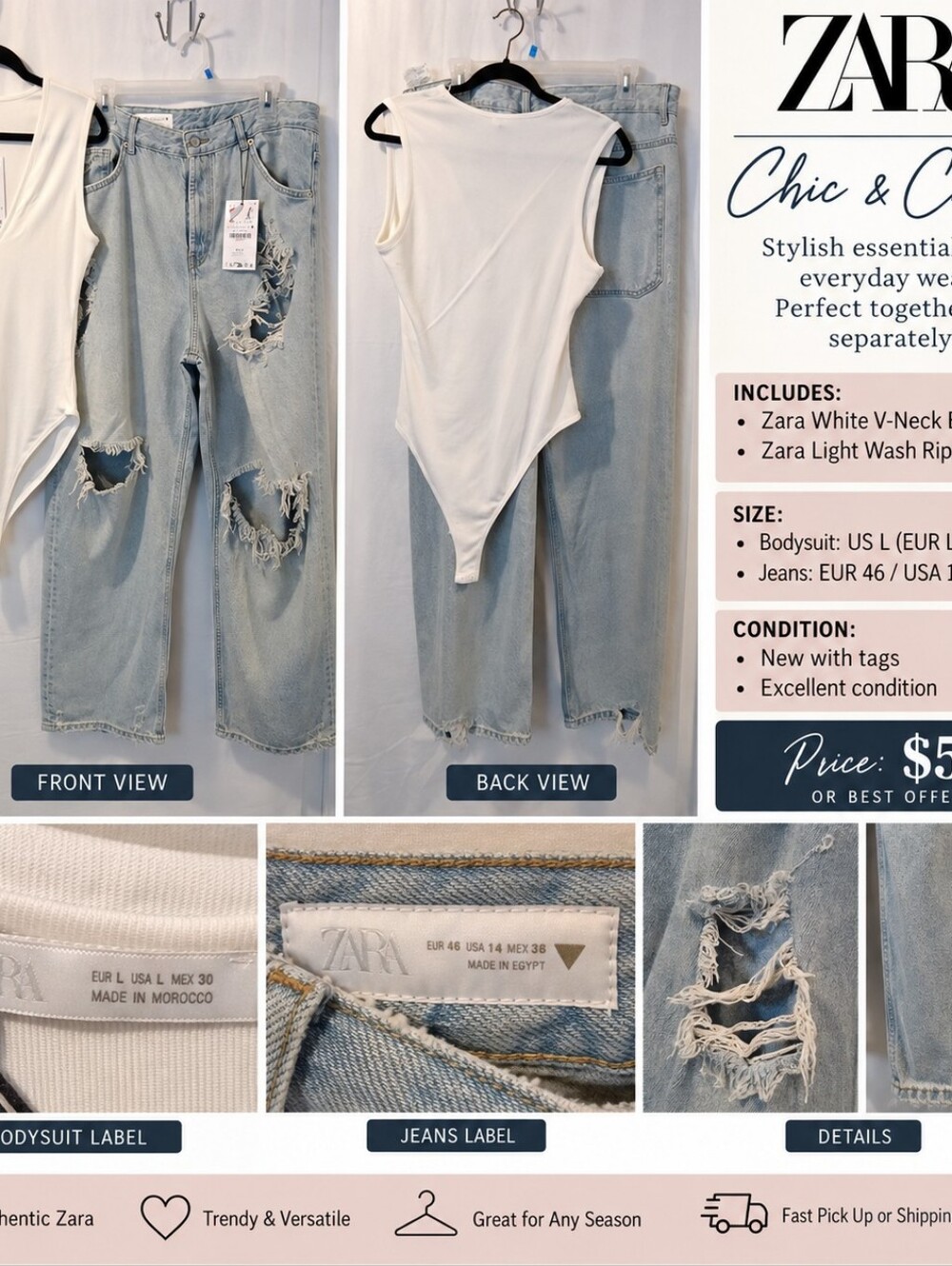 ZARA Women’s White Bodysuit + Distressed Light Wash Ripped Jeans Combo Set